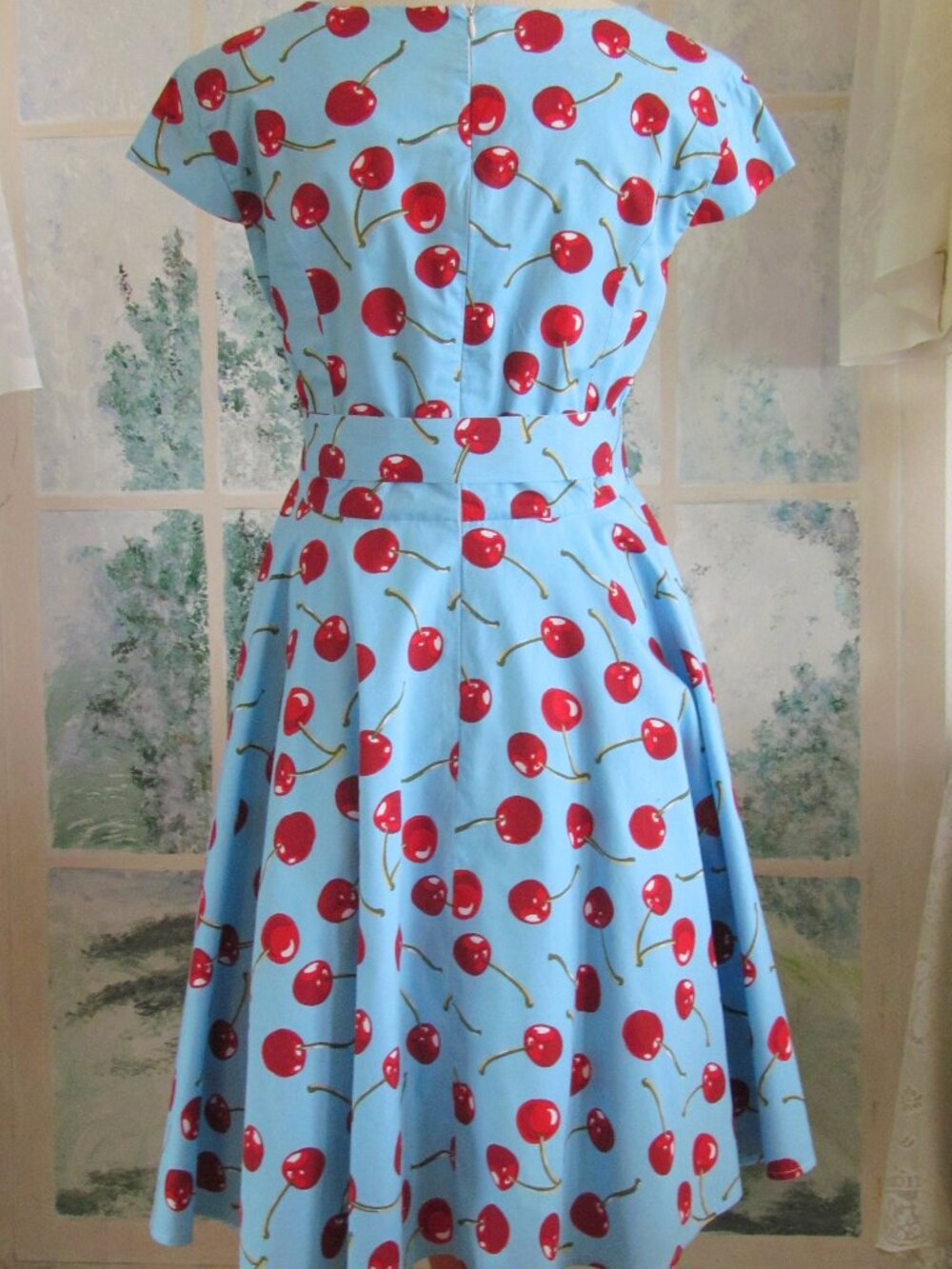 FIT 'N FLARE CHERRY DRESS, RETRO 50s, L-XL, SWING SKIRT, TURQUOISE, RED CHERRIES - Picture 5 of 5